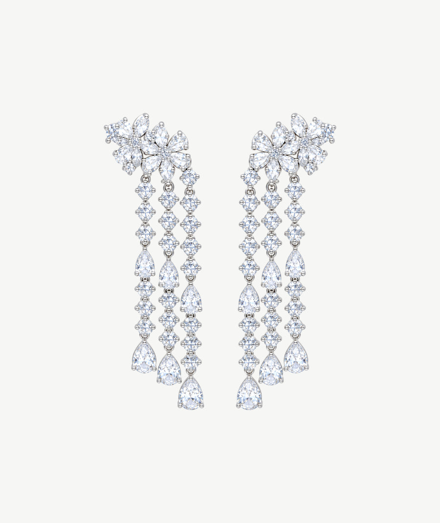 WHITE FLORAL DROP SILVER EARRINGS | أقراط فضة متدلية بأحجار