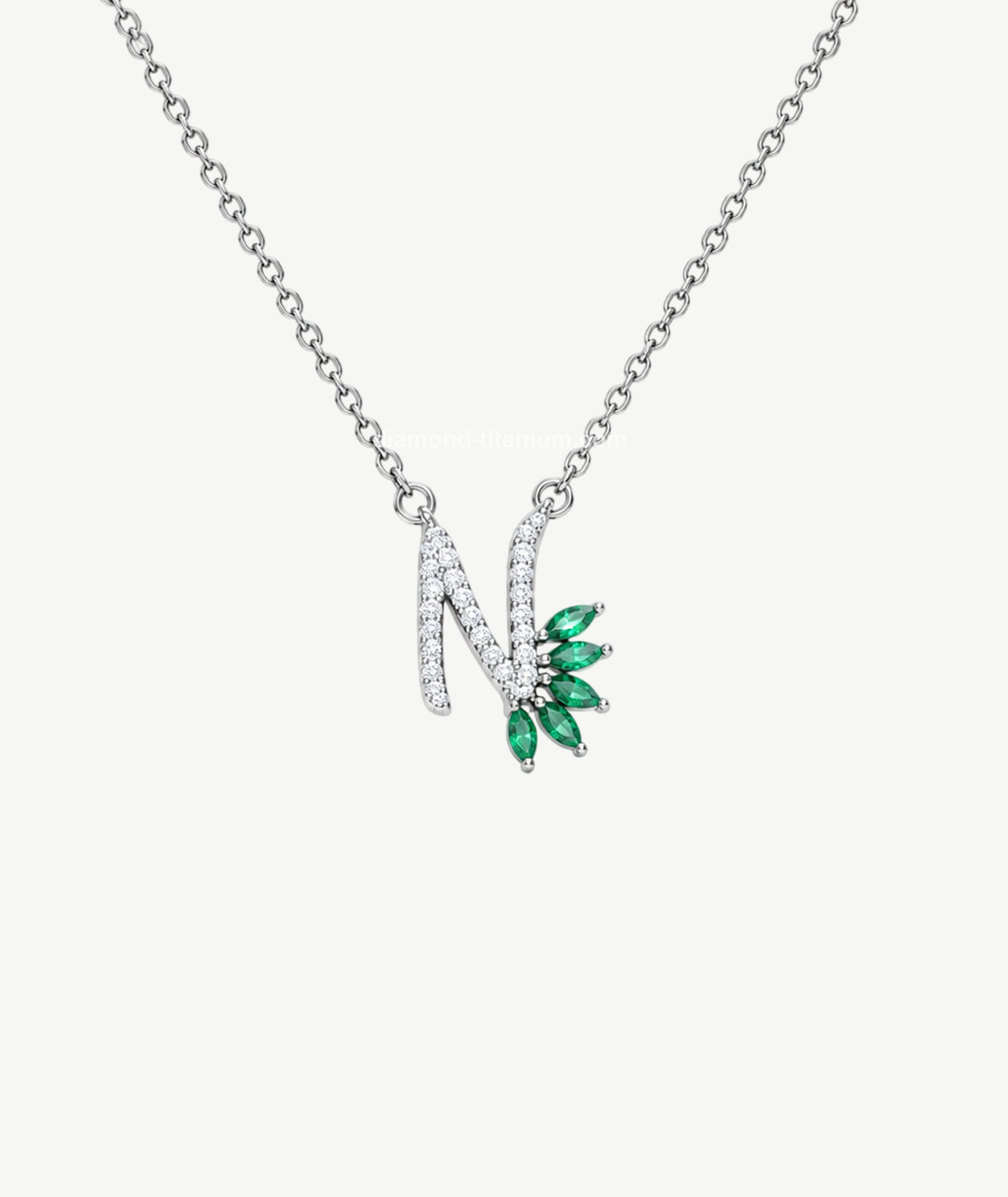 GREEN STONE LETTER PENDANT SILVER NECKLACE | عقد فضة بتعليقة حرف وأحجار خضراء