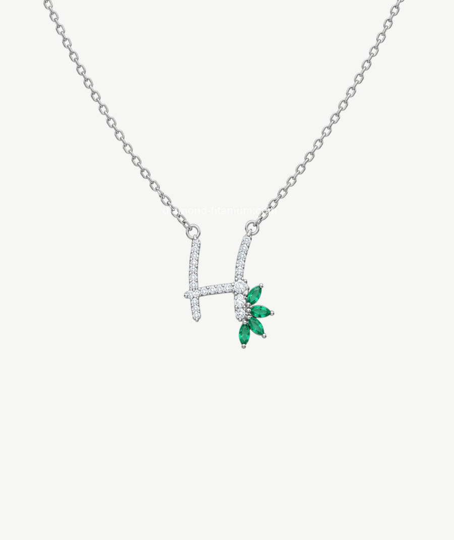 GREEN STONE LETTER PENDANT SILVER NECKLACE | عقد فضة بتعليقة حرف وأحجار خضراء