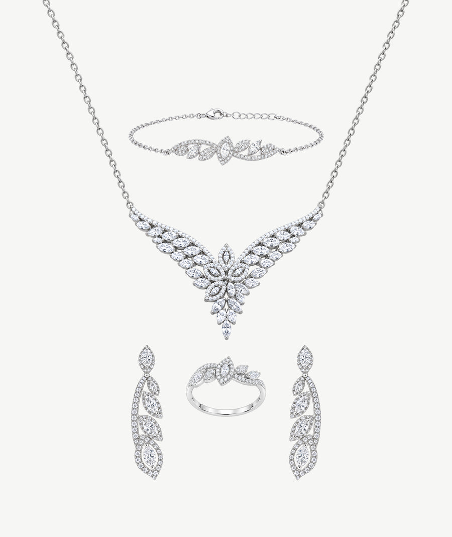 4 PCS LEAF DESIGN SILVER WEDDING SET | طقم زفاف فضة 4 قطع بتصميم أوراق