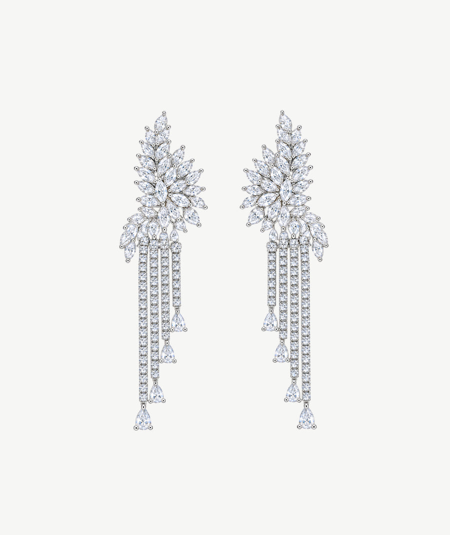 WHITE FLORAL DROP SILVER EARRINGS | أقراط فضة متدلية بأحجار