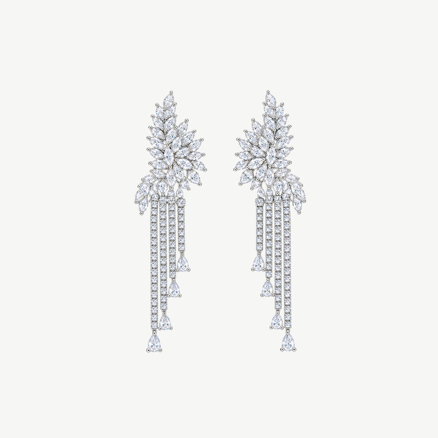 WHITE FLORAL DROP SILVER EARRINGS | أقراط فضة متدلية بأحجار