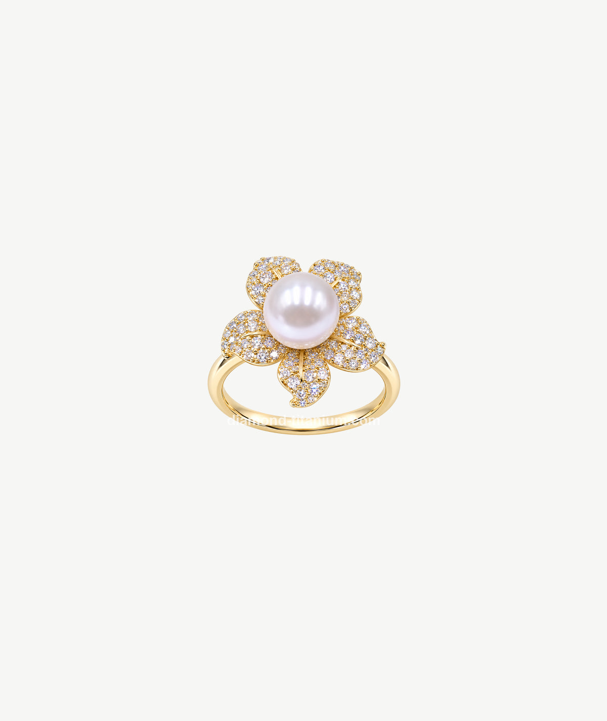 PEARL FLOWER GOLD TONE SILVER RING | خاتم فضة بلون ذهبي بتصميم زهرة ولؤلؤ