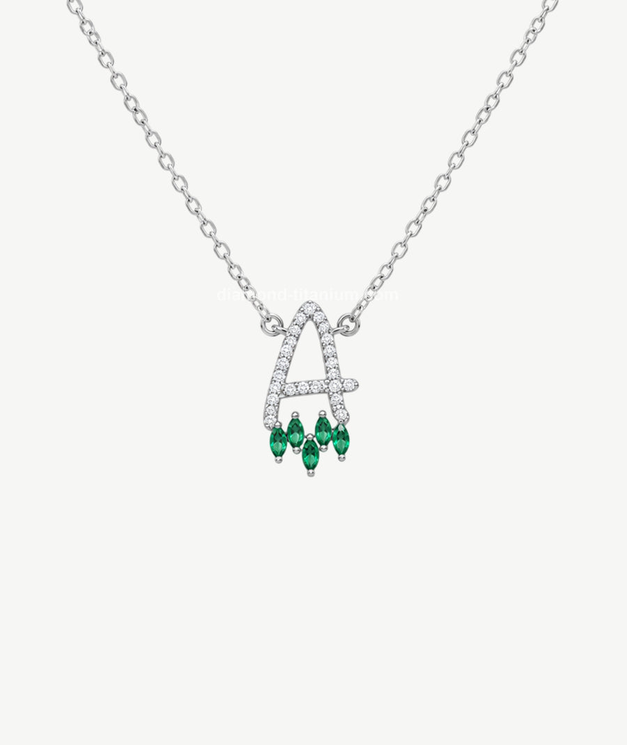 GREEN STONE LETTER PENDANT SILVER NECKLACE | عقد فضة بتعليقة حرف وأحجار خضراء