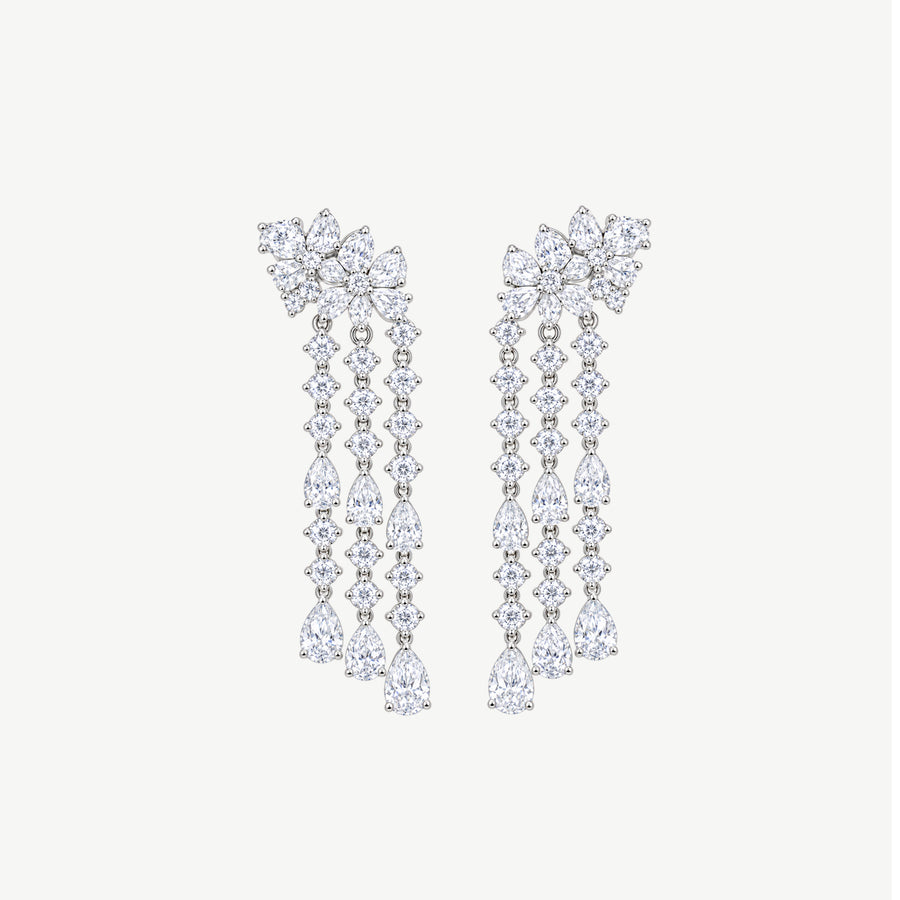 WHITE FLORAL DROP SILVER EARRINGS | أقراط فضة متدلية بأحجار
