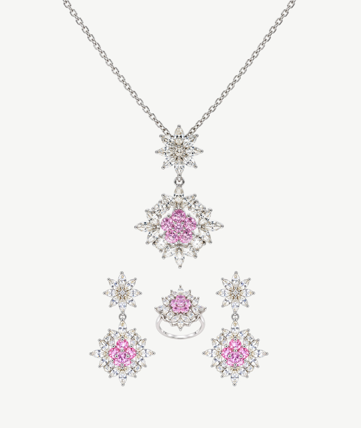 PINK FLOWER SILVER WEDDING SET | طقم زفاف فضة بزهور وردية