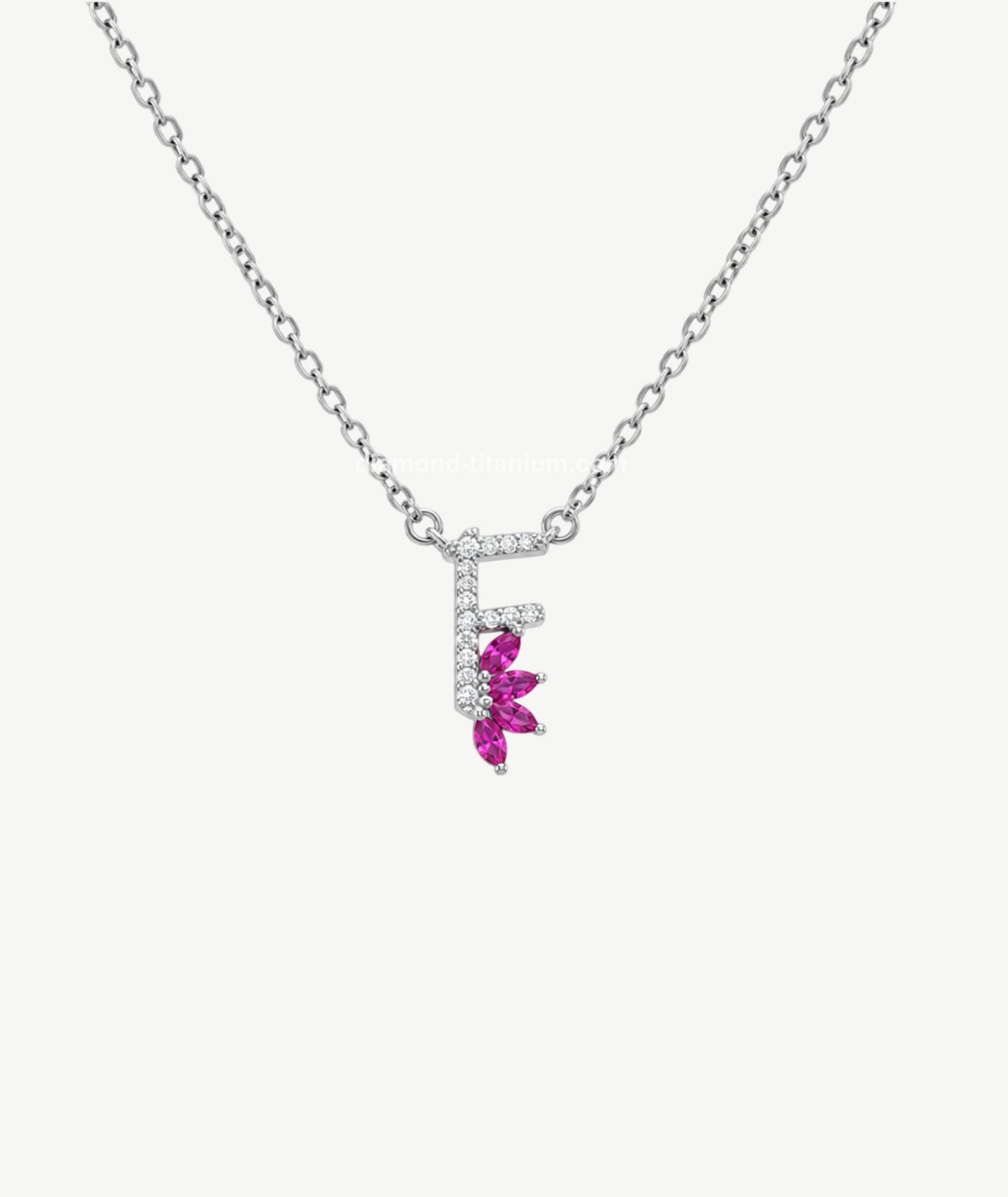 PINK STONE LETTER PENDANT SILVER NECKLACE | عقد فضة بتعليقة حرف وأحجار وردية
