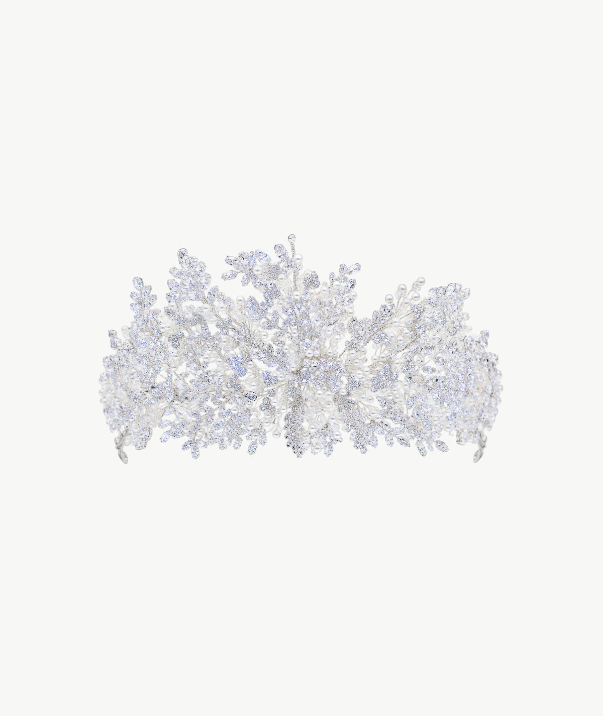 WHITE FLORAL SILVER TIARA | تاج فضة زهري بأحجار بيضاء