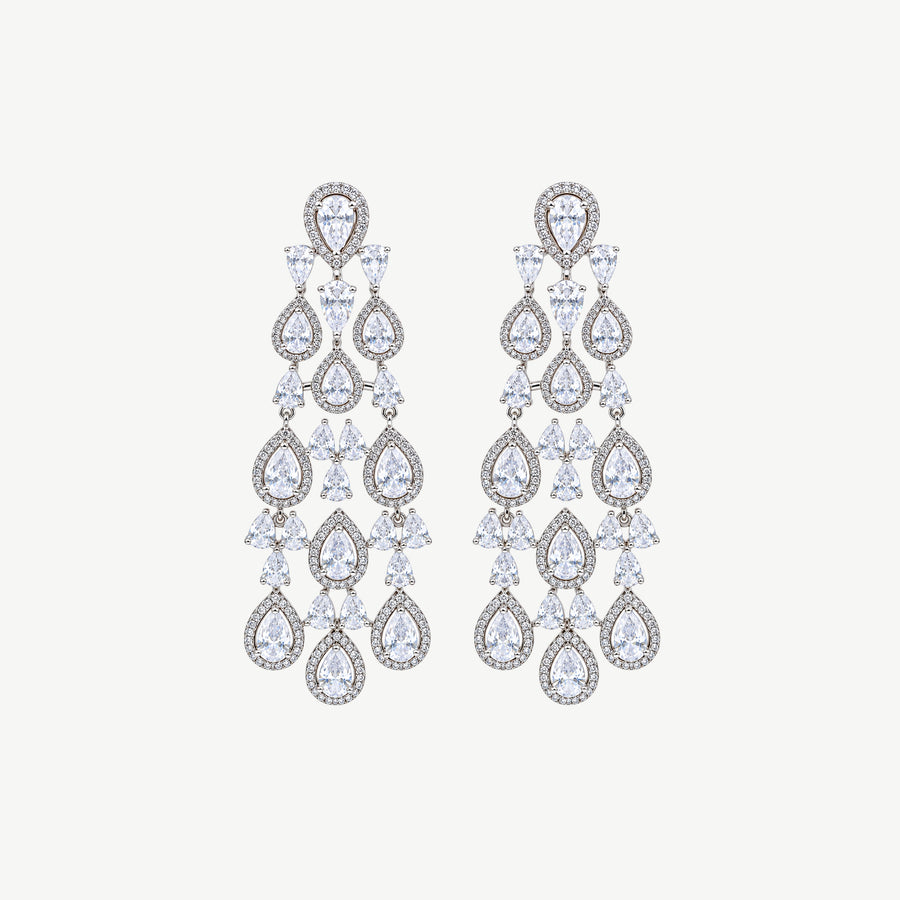WHITE TEARDROP CHANDELIER SILVER EARRINGS | أقراط فضة متدلية