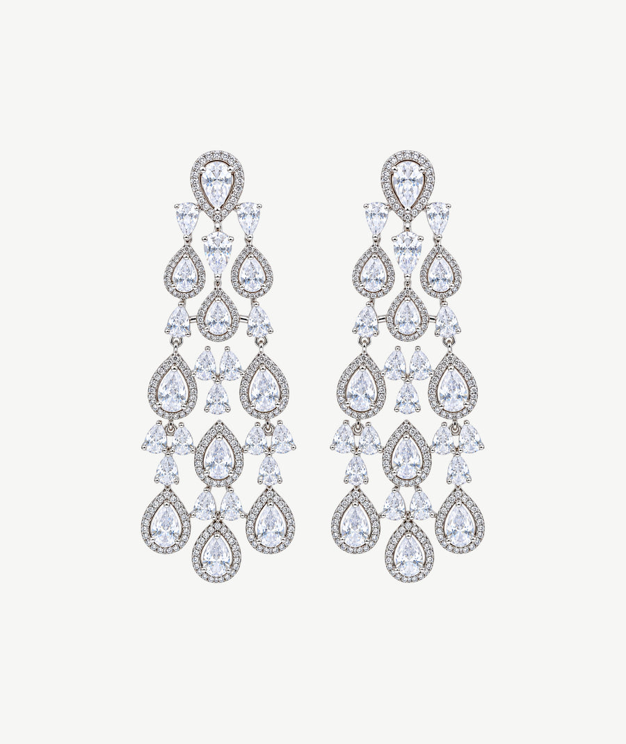 WHITE TEARDROP CHANDELIER SILVER EARRINGS | أقراط فضة متدلية