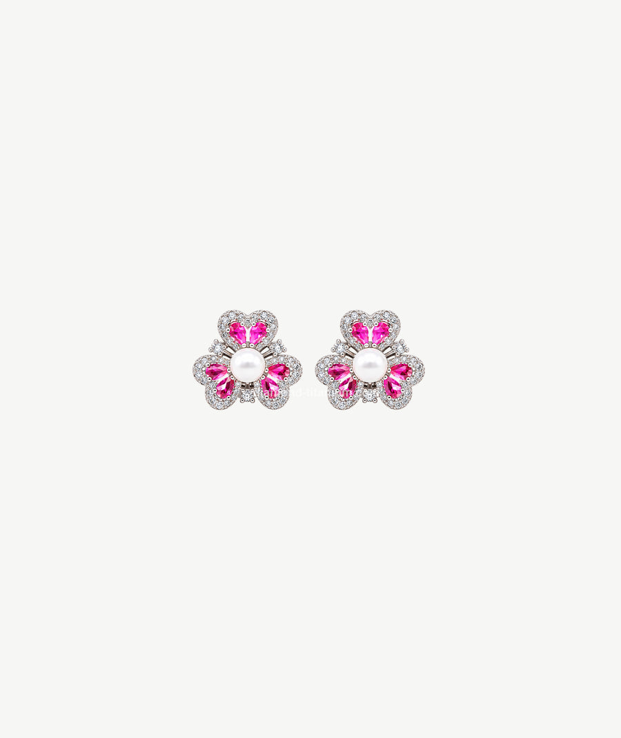 PINK PEARL FLORAL SILVER EARRINGS | أقراط فضة بزهرة وردية ولؤلؤ