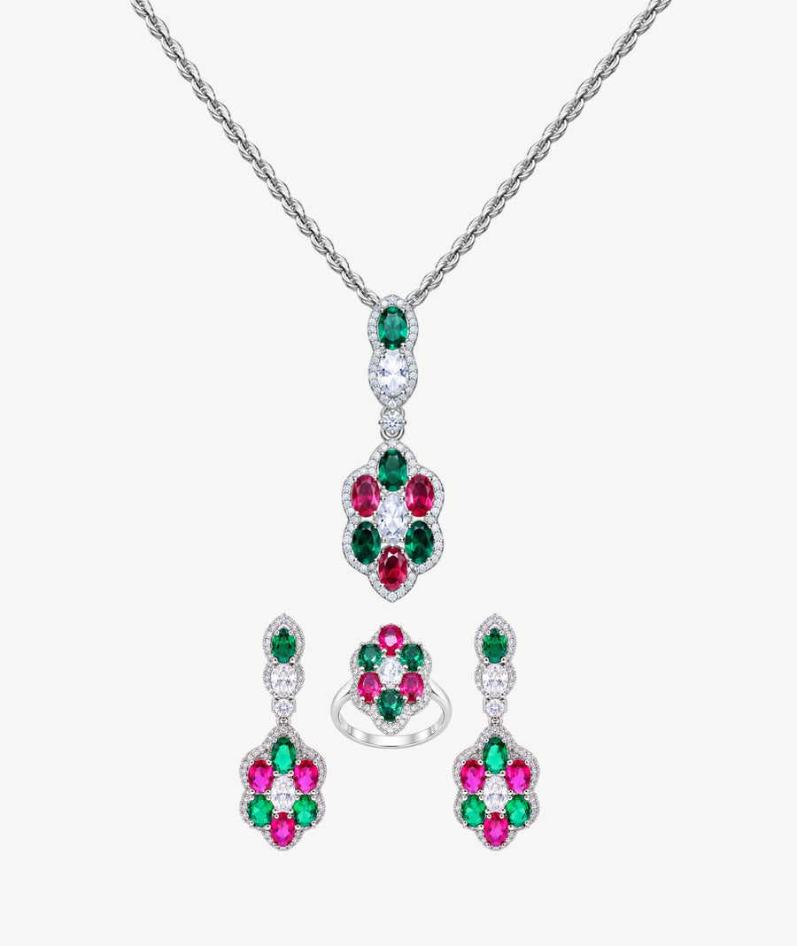 GREEN & PINK STONE SILVER WEDDING SET | طقم زفاف فضة بأحجار خضراء ووردية