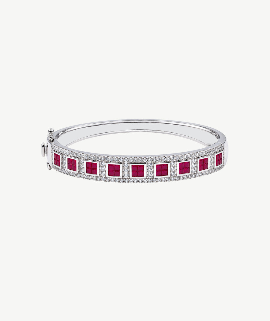 PINK SQUARE SILVER BANGLE | سوار فضة بأحجار وردية مربعة