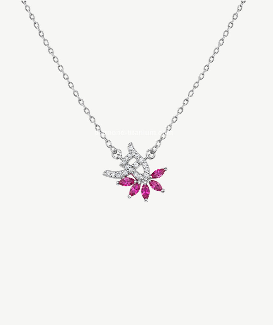 PINK STONE LETTER PENDANT SILVER NECKLACE | عقد فضة بتعليقة حرف وأحجار وردية