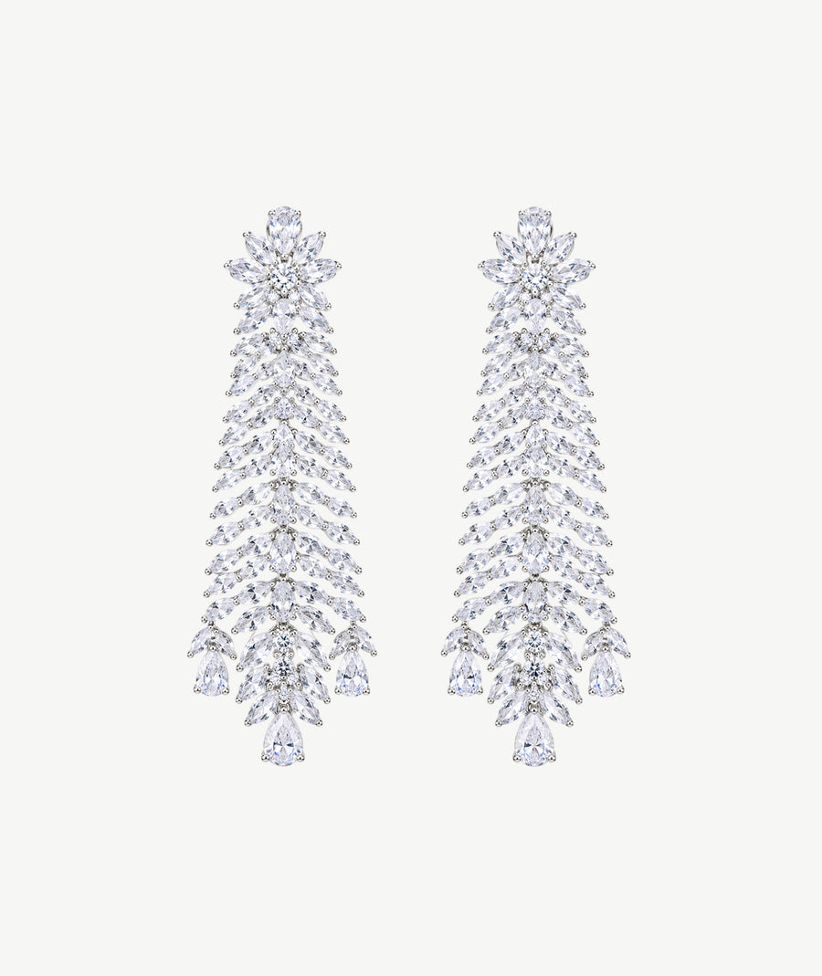 WHITE CASCADE SILVER EARRINGS | أقراط فضة بيضاء بتصميم متدلٍ
