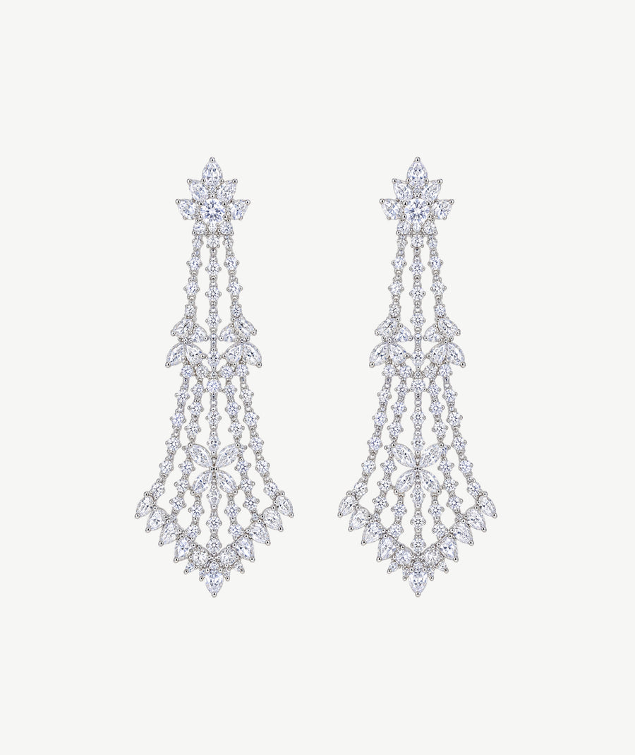 WHITE CHANDELIER SILVER EARRINGS | أقراط فضة بيضاء بتصميم الثريا