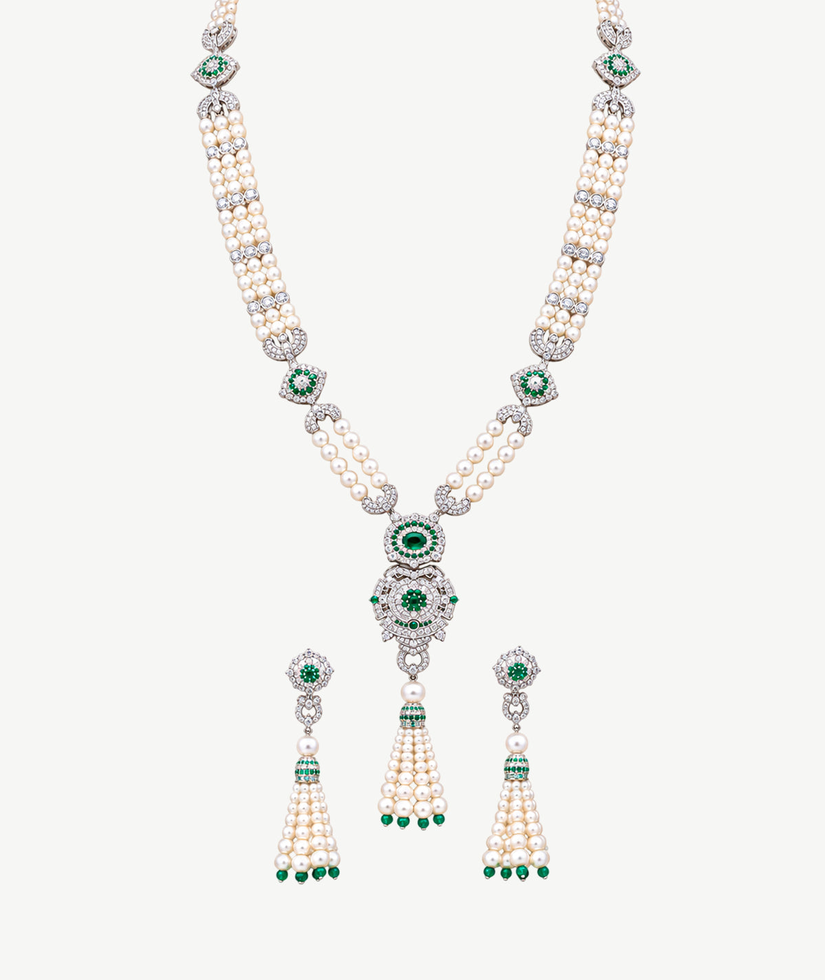 2 PCS LONG GREEN PEARL SILVER WEDDING SET | طقم زفاف فضة طويل قطعتين بأحجار خضراء ولؤلؤ