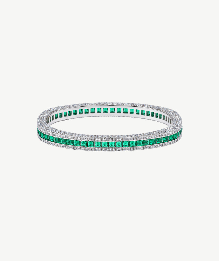 GREEN CHANNEL SILVER BANGLE | سوار فضة بأحجار خضراء متراصة