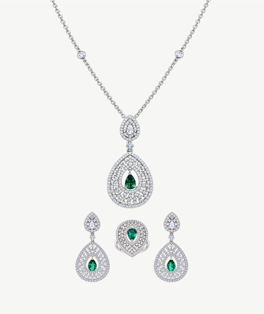 GREEN PEAR STONE SILVER WEDDING SET | طقم زفاف فضة بأحجار خضراء كمثرية