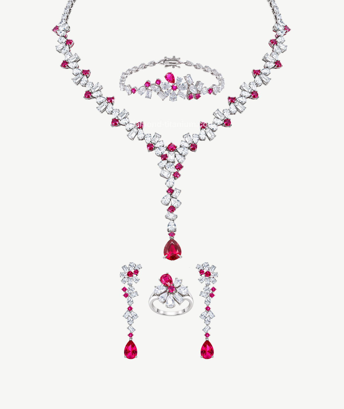 LUXURY RUBY-RED SILVER BRIDAL WEDDING JEWELRY SET | طقم مجوهرات زفاف فضي فاخر بالأحجار الحمراء