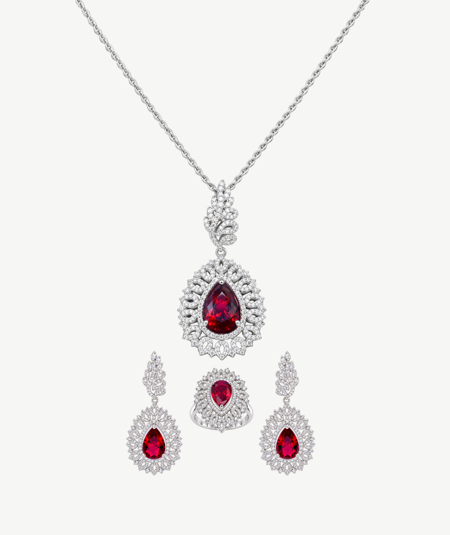 RED PEAR STONE SILVER WEDDING SET | طقم زفاف فضة بأحجار حمراء كمثرية
