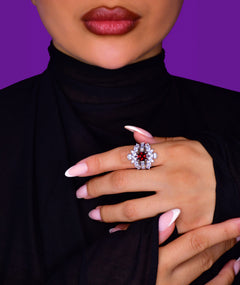 RED FLORAL SILVER RING | خاتم فضة بحجر أحمر وتصميم زهري